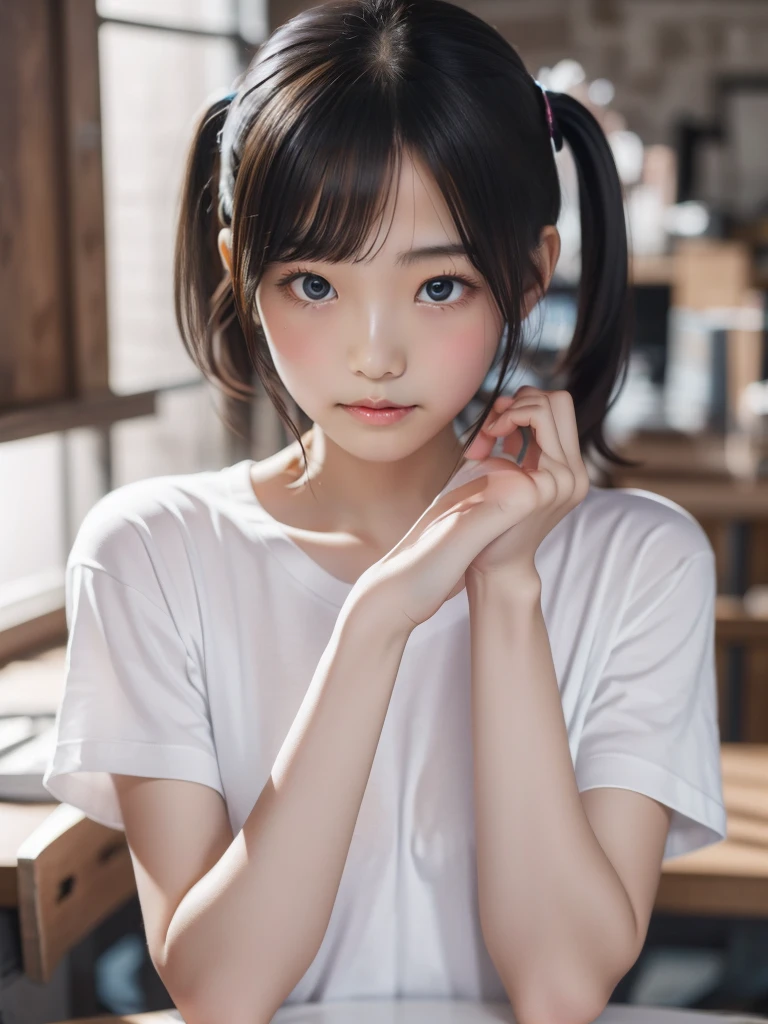 blue eyes,Highest quality,High resolution,unity 8k wallpaper,(shape:0.8),(Beautiful and exquisite:1.6),Detailed face,Perfect lighting,Detailed CG,(Perfect hands, Perfect Anatomy),Female student,White shirt,(White panties:1.0),Black Hair、Twin tails、Cut off,Shirt Tag Pose,whole body