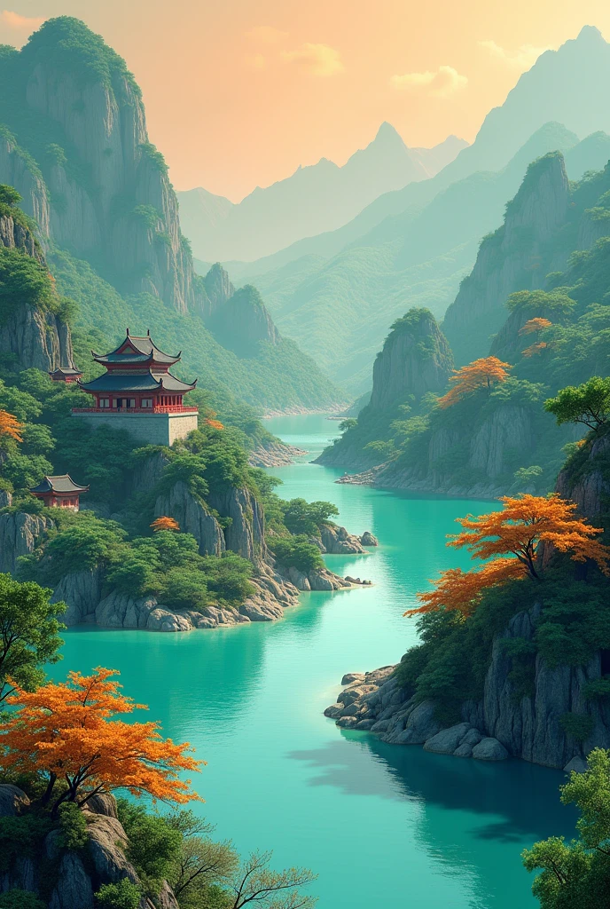 Dunhuang 3D illustration, fluid photography style, green orange, lapis lazuli meticulous, Tang Dynasty, Mount Wutai map, Chinese landscape painting, traditional, vast and majestic, charming beauty, symbolic meaning, historical significance, cultural heritage