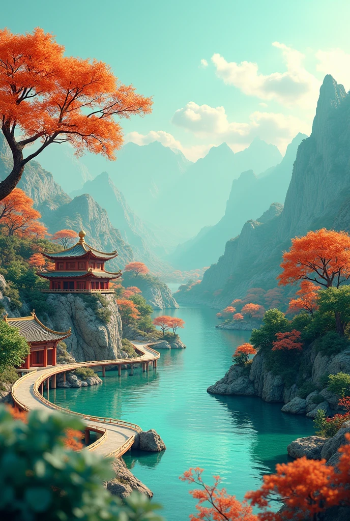 Dunhuang 3D illustration, fluid photography style, green orange, lapis lazuli meticulous, Tang Dynasty, Mount Wutai map, Chinese landscape painting, traditional, vast and majestic, charming beauty, symbolic meaning, historical significance, cultural heritage