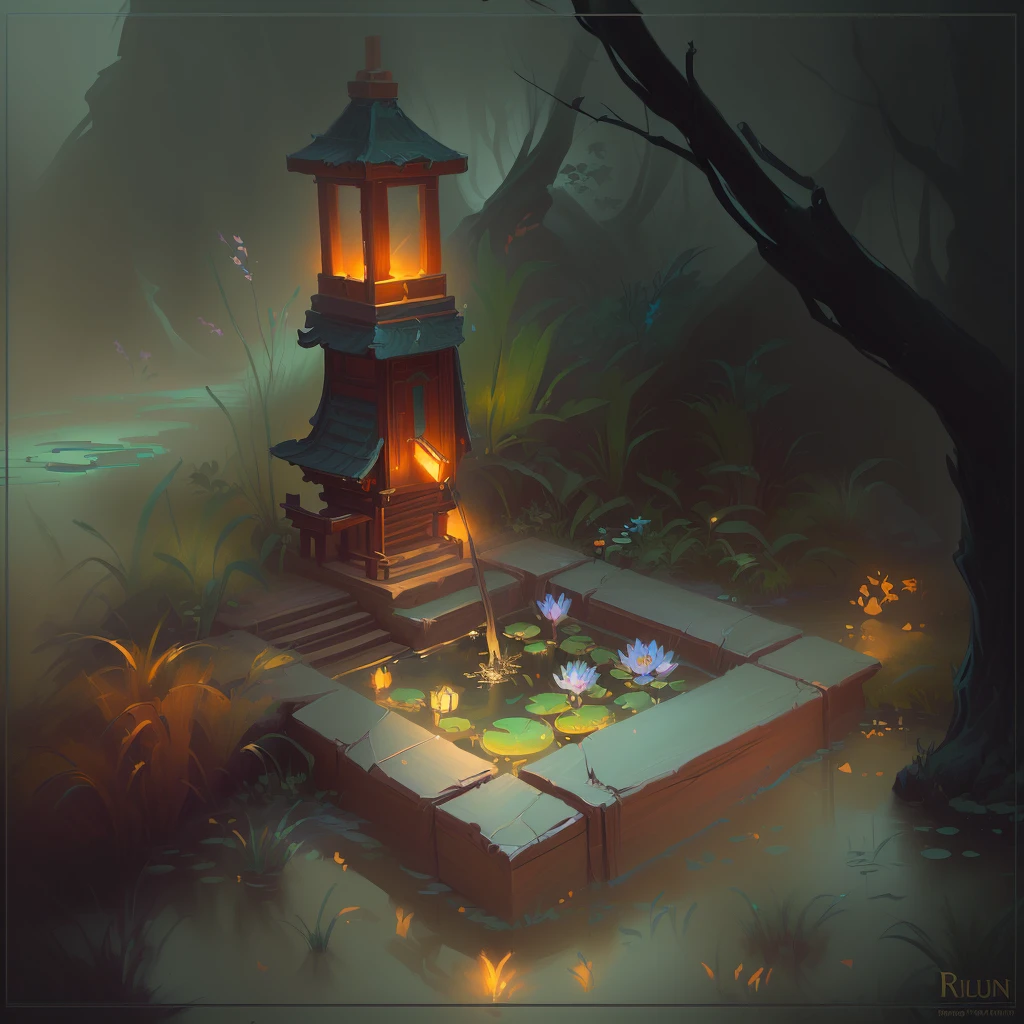 a painting of a small pond with a light on top, by Reuben Tam, relaxing concept art, stylized concept art, background artwork, painted as a game concept art, background art, concept art magical highlight, serene illustration, stylized game art, league of legends concept art, g liulian art style, inspired by Andreas Rocha, mythical shrine