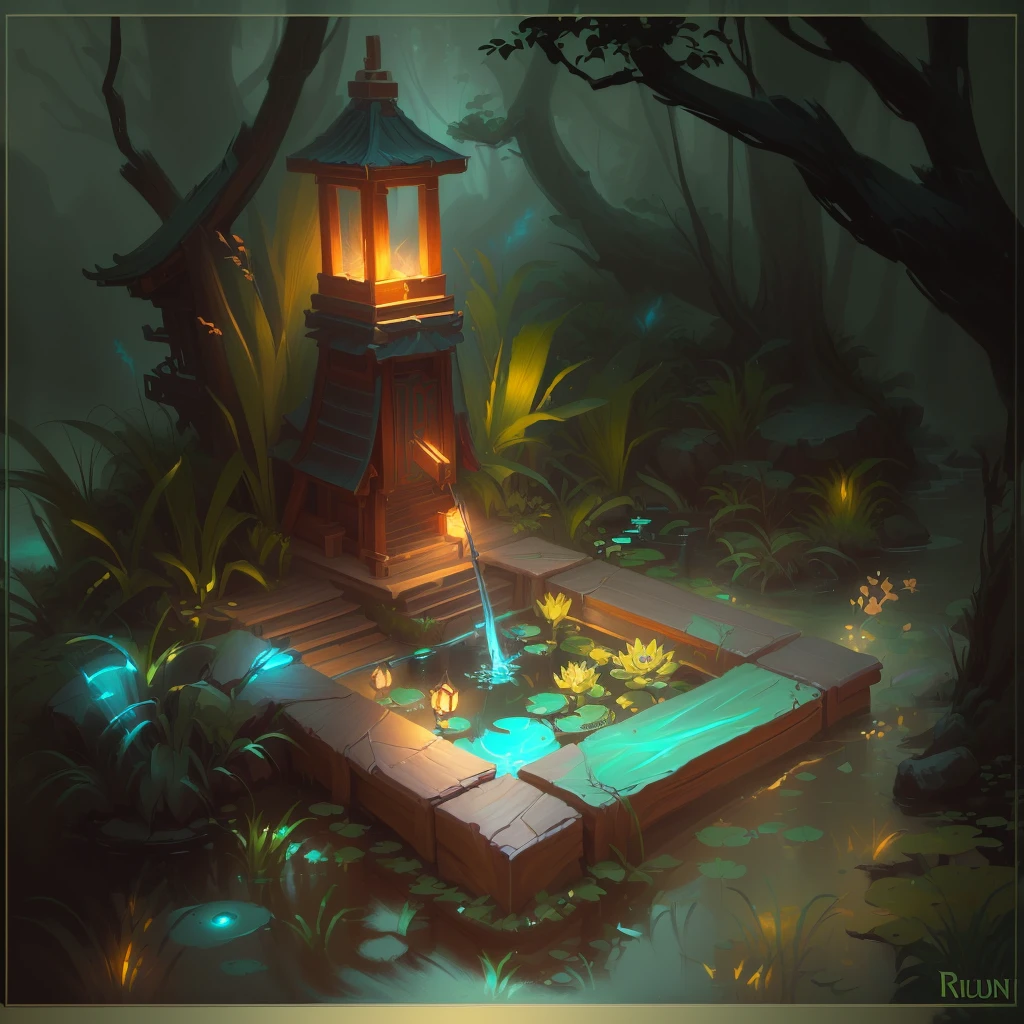a painting of a small pond with a light on top, by Reuben Tam, relaxing concept art, stylized concept art, background artwork, painted as a game concept art, background art, concept art magical highlight, serene illustration, stylized game art, league of legends concept art, g liulian art style, inspired by Andreas Rocha, mythical shrine