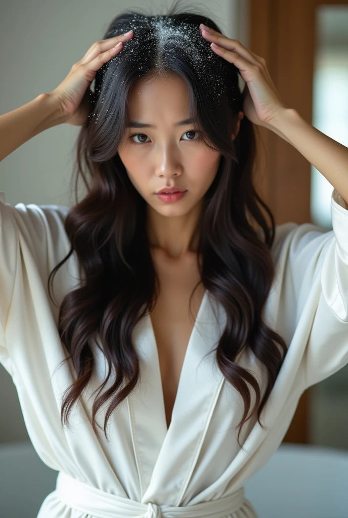 Create an Asian long-haired beauty,Wearing a white satin bathrobe,,Scratching the scalp with both hands,There is a lot of dandruff on the top of the head,White fine dandruff on the top of the head,Fierce and unhappy expression,The characters are realistic and realistic,Bathroom Background,9:16 frames,Ultra-high-definition picture quality