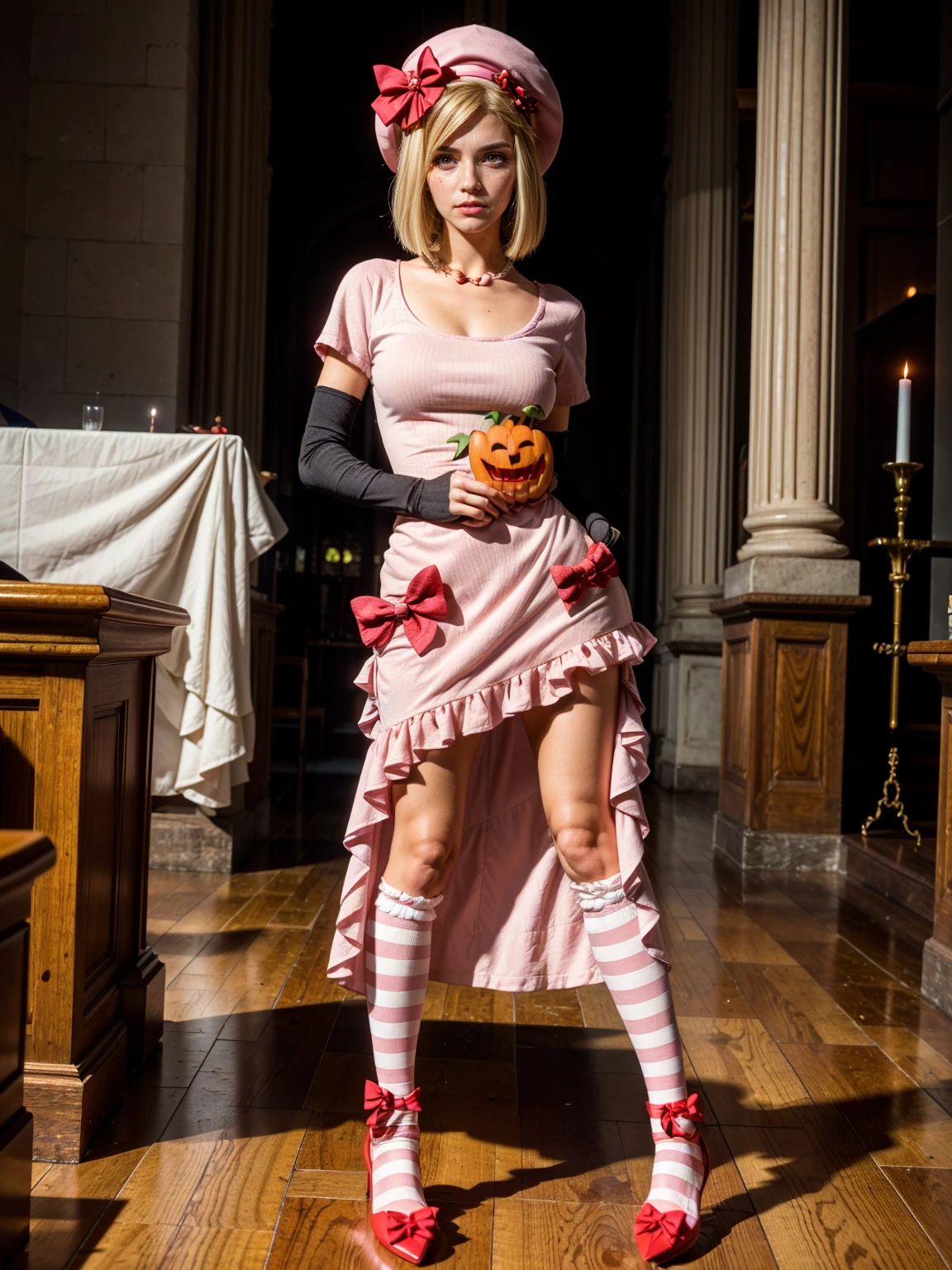 (1 lady), The beautiful, (Best quality at best:1.4), (ultra - detailed), (extremely detailed CG unified 16k), gold blonde hair, very detailed, High-definition RAW color photo, professional photoshooting, amazing face and eyes, cosmetics, (amazingly beautiful girl), ((lambdadelta, tall woman, taller)), (both hands holding medium sized wood cross), looking at viewer, frontal position, centered position, ((dress, shoes bow, red shoes, striped stockings, red bow, pink hat, necklace, gloves, pearl, pumpkin brooch, pink dress)), standing, sexyposture,(Dark and stylish cathedral, stained glass, altar, before the altar, candle lights, candle lights:1.3), (look from down), realistic cinematic face, head to feet long wide zoomed out view, full body long view, photorealistic, ((realistic natural blonde hair style, honey eyes)), gorgeous, extremely beautiful face, perfect model beauty, pout mouth, flirting smile, cleavages, city girl, western, shopping in the city, (masterpiece), best quality, high resolution, extremely detailed, blurred background, depth of field, cinematic lighting, (amazing legs, strong legs, athletic legs), high heels, clear and well-cared skin
