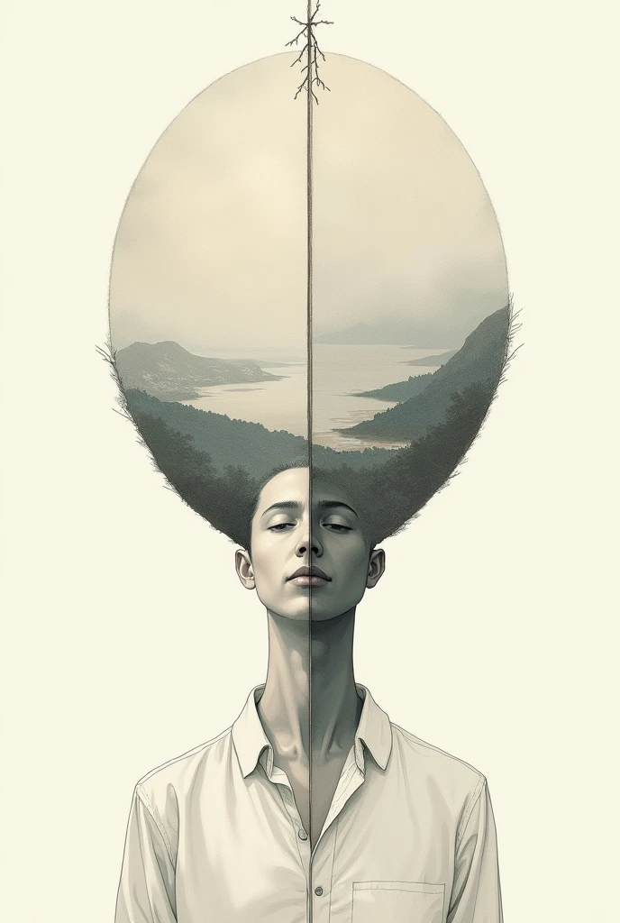 A split-screen image, with a person's body or face on one side, and a peaceful landscape or abstract design on the other, Illustration drawing stoicism