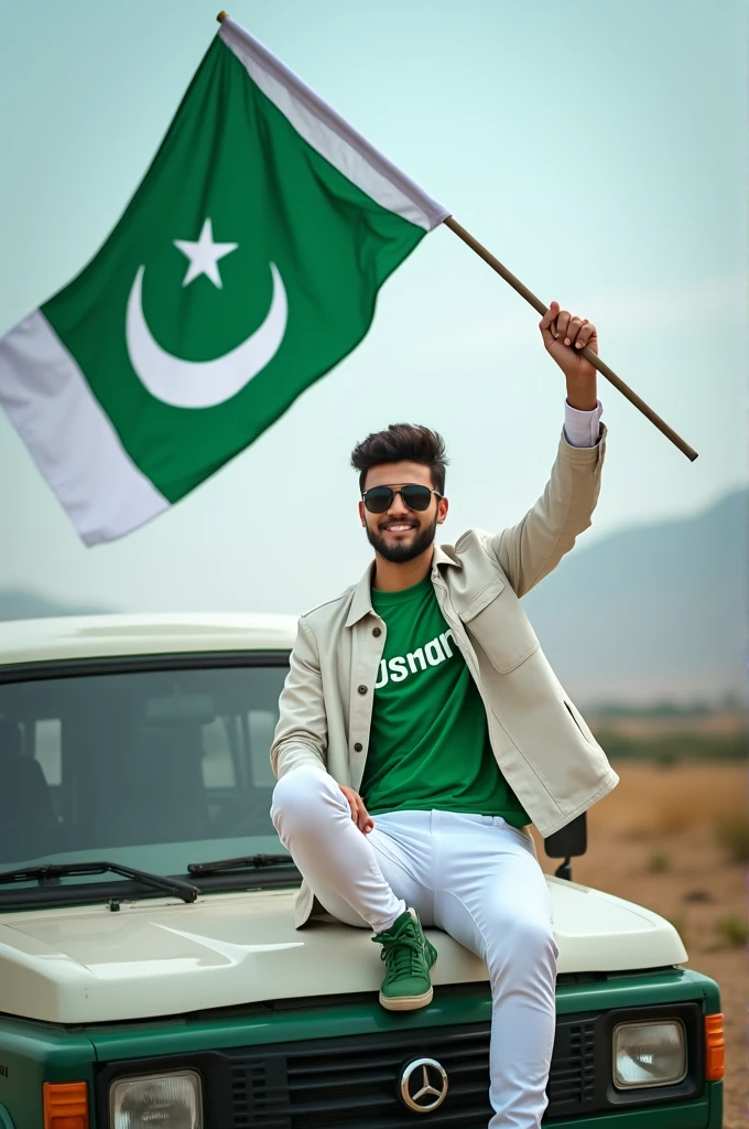 Generate a Realistic 30 years old boy, Wearing a shirt print is like pakistani flag and "asad" is written on his t-shirt and the boy is standing on the road with hand holding a national flag of Pakistan, and behind him is the Minar E Pakistan. And written on sky "Happy IndependenceDay" Create Realistic image high quality