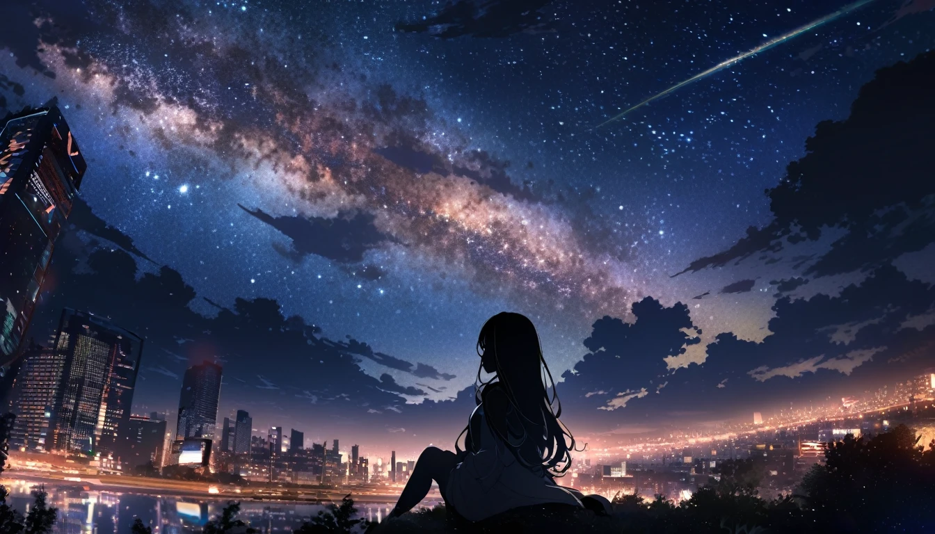 octans, sky, star (sky), scenery, starry sky, night, 1girl, night sky, solo, outdoors, building, cloud, milky way, sitting, tree, long hair, city, silhouette, cityscape,City from a distance, tokyo, city billboard, 1 milky way in the sky,