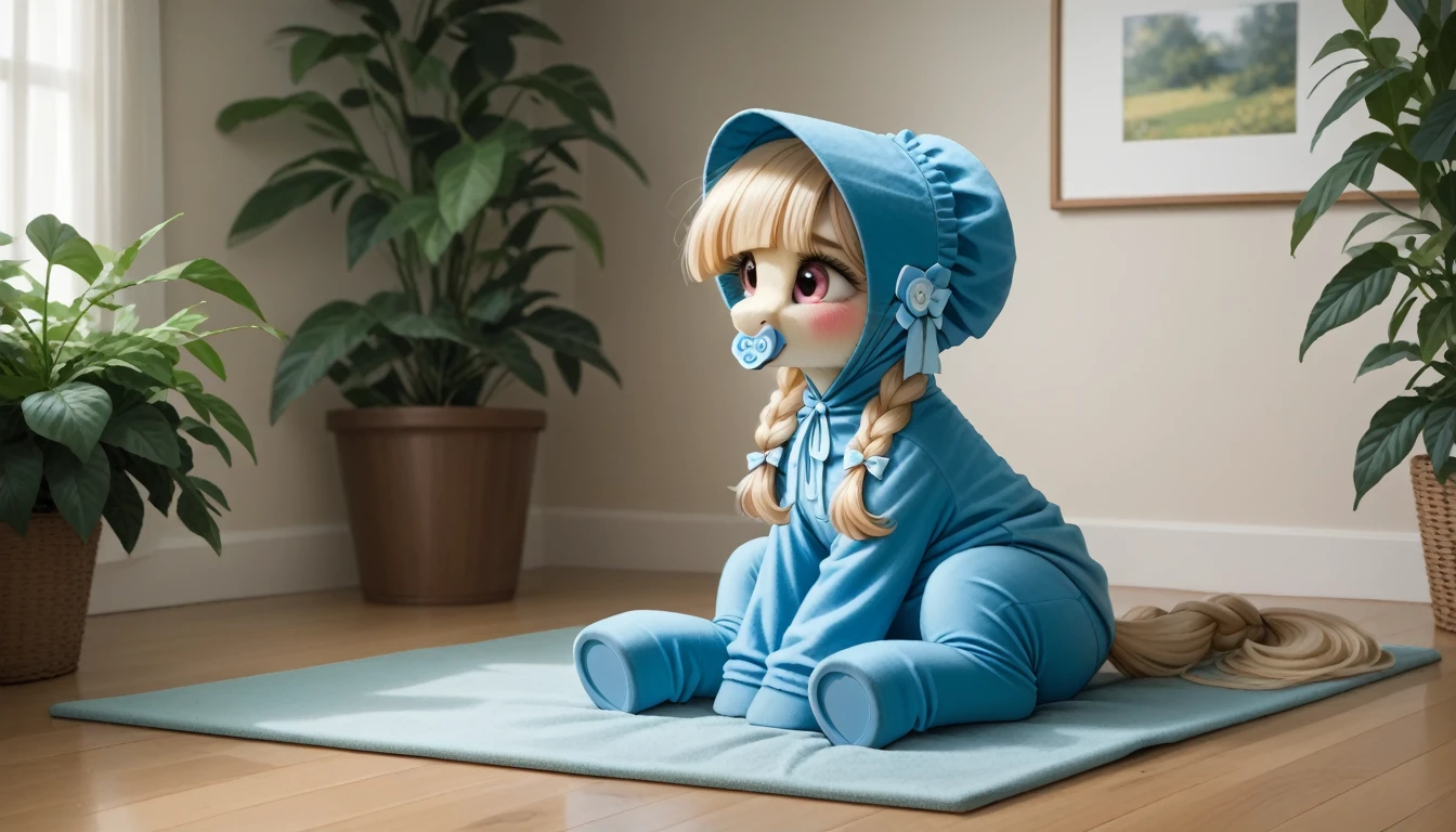 pony, beige earth pony, no horn, no wings, adult mare, lush mane braided, bushy tail, sitting in the room on a soft play mat, dressed in bright blue onesie, blue bonnet and blue booties, blue pacifier in mouth, solo, thick light blue diaper under clothes, pink blush on cheeks, Embarrassment, Awkwardness.