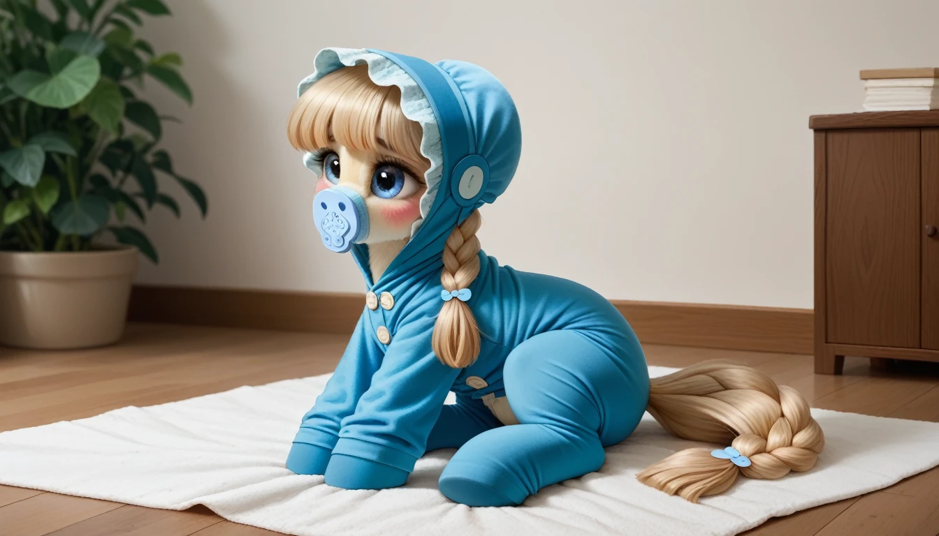pony, beige earth pony, no horn, no wings, adult mare, lush mane braided, bushy tail, sitting in the room on a soft play mat, dressed in bright blue onesie, blue bonnet and blue booties, blue pacifier in mouth, solo, thick light blue diaper under clothes, pink blush on cheeks, Embarrassment, Awkwardness.