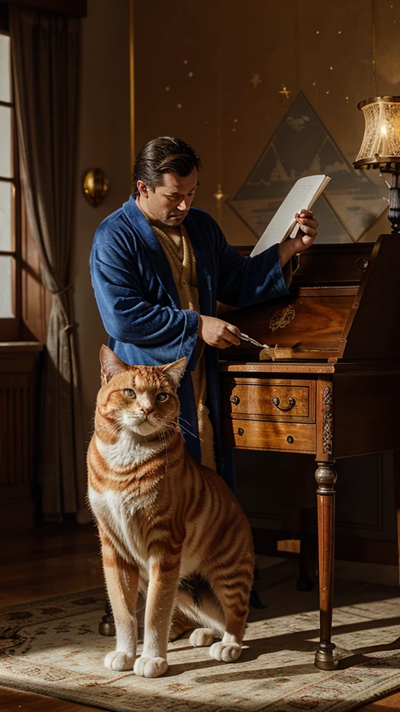 Drawing of the highest quality, extremely clear, the highest level of detail, Maximum attention to detail, Fat red cat, Standing on Hind Legs, half-turn, in a blue robe, embroidered with golden stars, dancing merrily in front of an old carved mahogany bureau, and make notes in old scrolls, behind him is an old telescope on a tripod, decorated with bronze., On the walls of the room made of rough grey stone are old engravings depicting constellations..