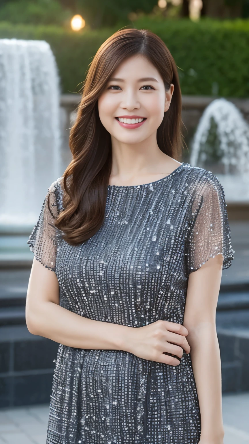 最high quality, In 8K, whole body, Real, Upper Body, high quality, High resolution, Detailed face, Detailed eyes, Thick lips, (Look at the viewers), alone, Middle-aged women, , 60 years old, , Wavy Hair, , Wearing short sleeves, Standing in front of a fountain, Wrinkles around the eyes, Smiling with teeth showing, Background Blur