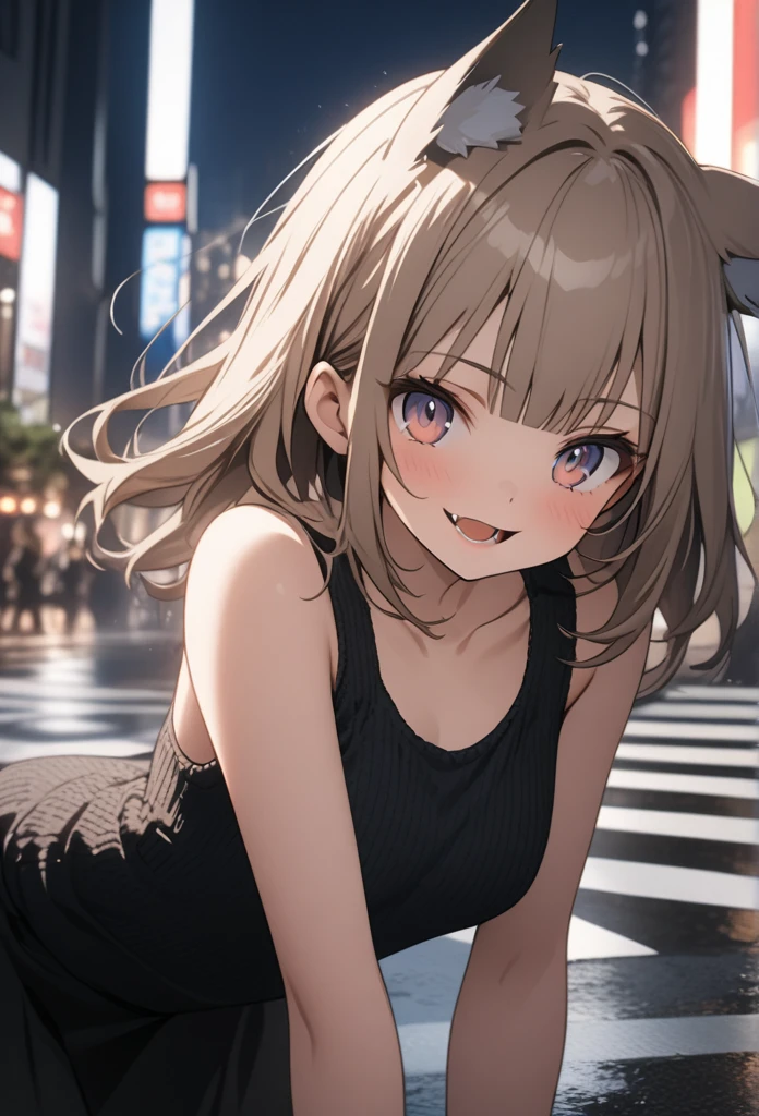 ((Masterpiece)), ((best quality)), (Anime:1.3), (High Definition:1.3), (Professional Photography:1.4), Portrait shot, 8K, Glossy skin, cinematic lighting, 1girl, wide-shot, (Knit fabric tank top), (Cute innocent teenage girl), slendar body, small breast, glossy medium hair, (loose blunt bangs), ((:3)), open mouth, fang out, (very naughty smile), beautiful collarbones, (slightly exposed shoulders), (put on wolf ears), pale brown hair, BREAK, ((best quality)), (cool pose on Intersections), crosswalks, rainy days, (on the TOKYO), Beautiful cityscape Background,