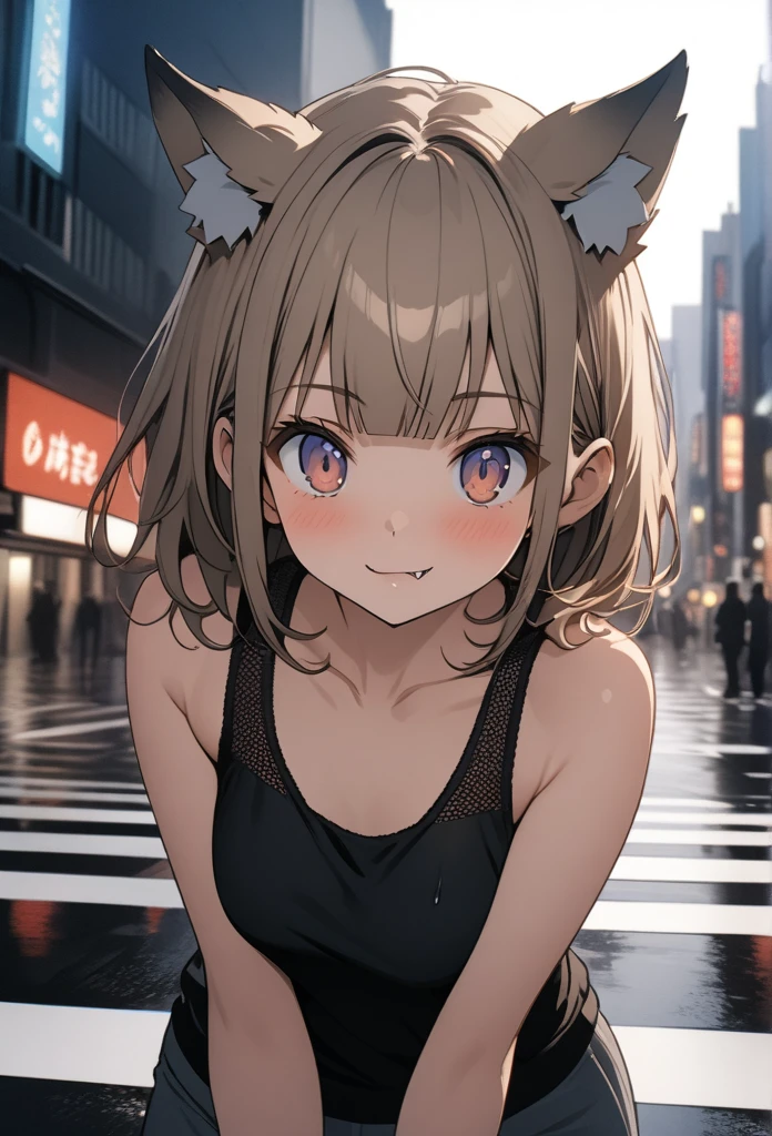 ((Masterpiece)), ((best quality)), (Anime:1.3), (High Definition:1.3), (Professional Photography:1.4), Portrait shot, 8K, Glossy skin, cinematic lighting, 1girl, wide-shot, (Knit fabric tank top), (Cute innocent age girl), slendar body, small breast, glossy medium hair, (loose blunt bangs), ((:3)), open mouth, fang out, (very naughty smile), beautiful collarbones, (slightly exposed shoulders), (put on wolf ears), pale brown hair, BREAK, ((best quality)), (cool pose on Intersections), crosswalks, rainy days, (on the TOKYO), Beautiful cityscape Background,
