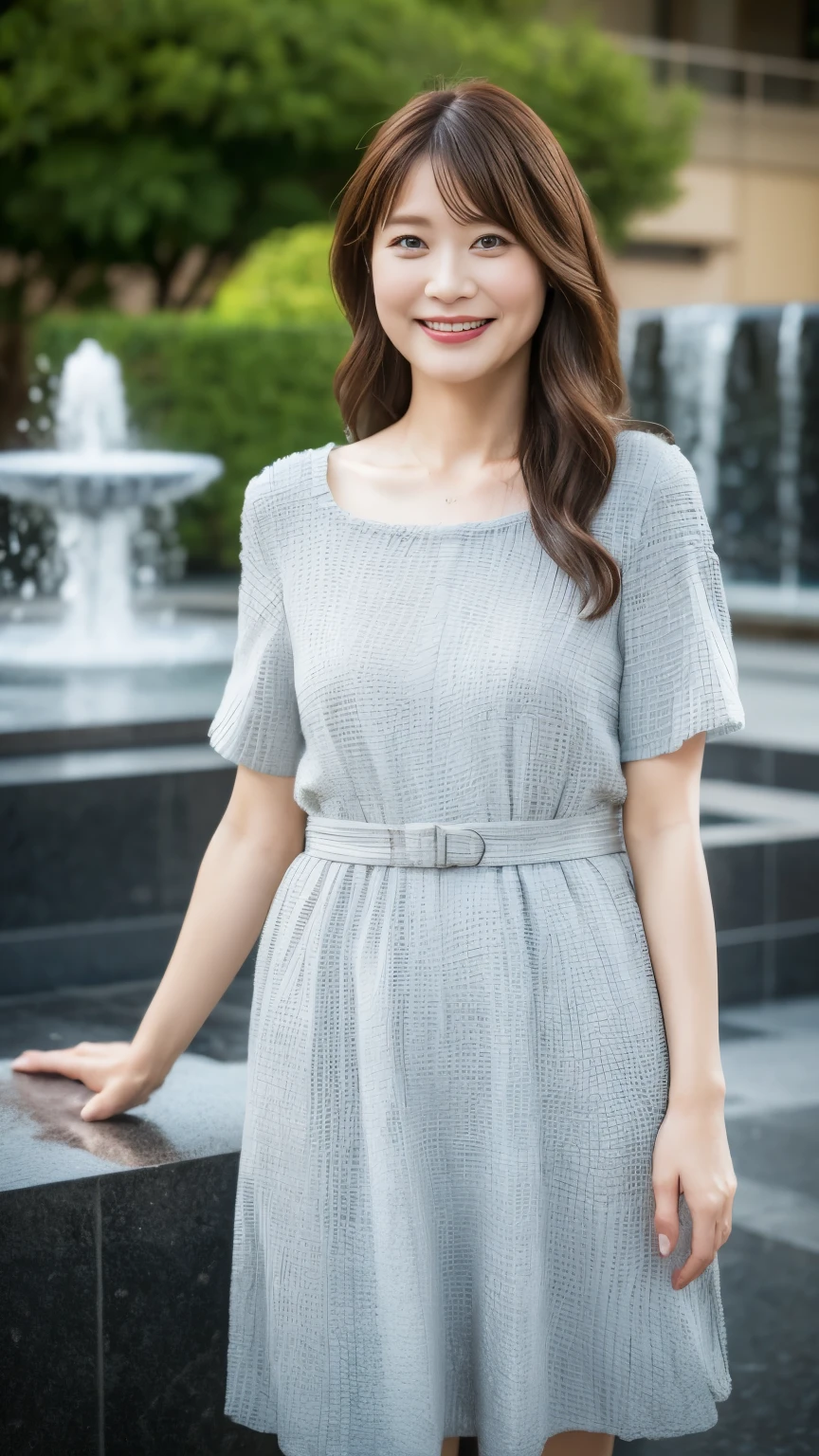 最high quality, In 8K, whole body, Real, Upper Body, high quality, High resolution, Detailed face, Detailed eyes, Thick lips, (Look at the viewers), alone, Middle-aged women, , 60 years old, , Wavy Hair, , Wearing short sleeves, Standing in front of a fountain, Wrinkles around the eyes, Smiling with teeth showing, Background Blur