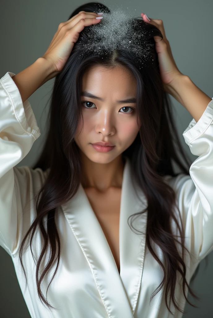 Create an Asian long-haired beauty,Wearing a white satin bathrobe,,Scratching the scalp with both hands,There is a lot of dandruff on the top of the head,White fine dandruff on the top of the head,Fierce and unhappy expression,The characters are realistic and realistic,Upper Body,Bathroom Background,9:16 frames,Ultra-high-definition picture quality
