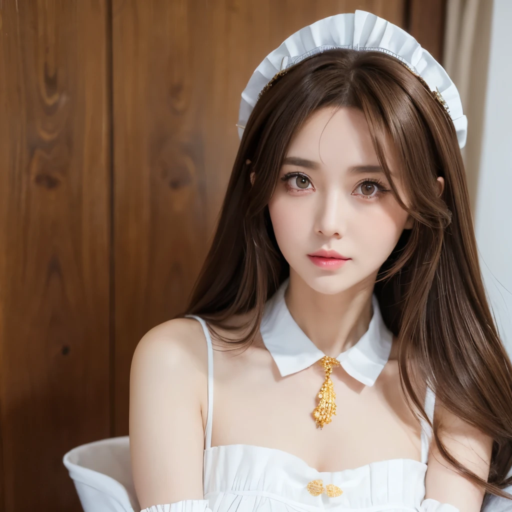 The Woman, Take a photo wearing a black and white outfit, Otome! dress, アニメの女の子のCosplay, （Maid clothes）, 美しいOtome, Maid clothes, Cosplay photo, Cosplay, anime Cosplay, Cute pose collection, (Goddess face), (Graceful posture: 1.4), Elegant atmosphere, Noble atmosphere, (Mature Woman: 1.6) (Brown Hair: 1.5), (Golden Eyes: 1.4), (Girls&#39; Middle School: 1.4), (黒と白のMaid clothes: 1.1), (Incredible beauty, High facial detail: 1.3),