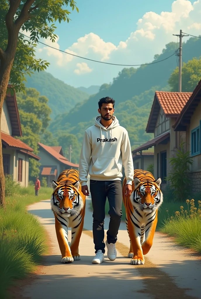 Create a image of small village a man is walking on the road and he is wearing white huddy and black jeans white shoes two tigers walking his back side and the prakash is print on the middle of the white huddy
