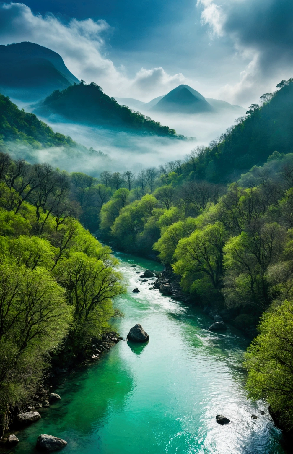 Morning Sunshine，Emerald green tones，Stream water is clear and transparent，The trees are also green，The whole picture is surrounded by clouds and mist，There are several bare rock mountains behind,Clouds and mist，A bird flies across the screen.
