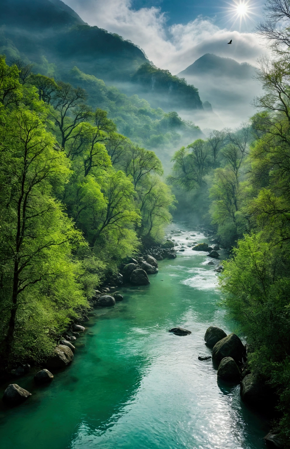 Morning Sunshine，Emerald green tones，Stream water is clear and transparent，The trees are also green，The whole picture is surrounded by clouds and mist，There are several bare rock mountains behind,Clouds and mist，A bird flies across the screen.
