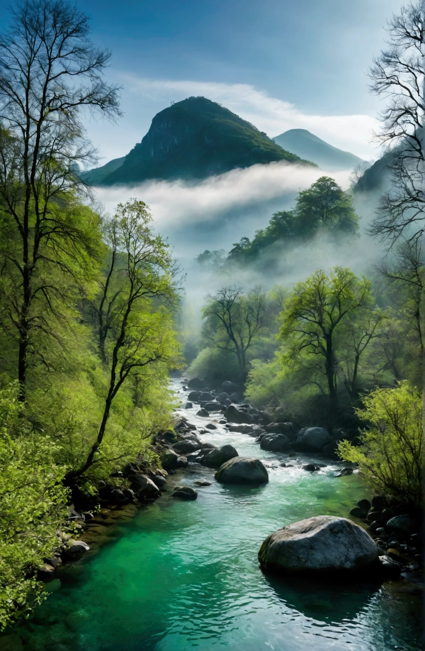 Morning Sunshine,Emerald green tones,Stream water is clear and transparent,The trees are also green,The whole picture is surrounded by clouds and mist,There are several bare rock mountains behind,Clouds and mist,A bird flies across the screen.