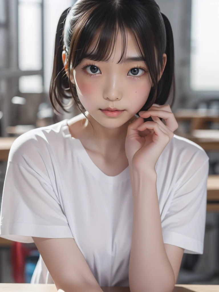 blue eyes,Highest quality,High resolution,unity 8k wallpaper,(shape:0.8),(Beautiful and exquisite:1.6),Detailed face,Perfect lighting,Detailed CG,(Perfect hands, Perfect Anatomy),Female student,White shirt,(White panties:1.0),Black Hair、Twin tails、Cut off,Shirt Tag Pose,whole body
