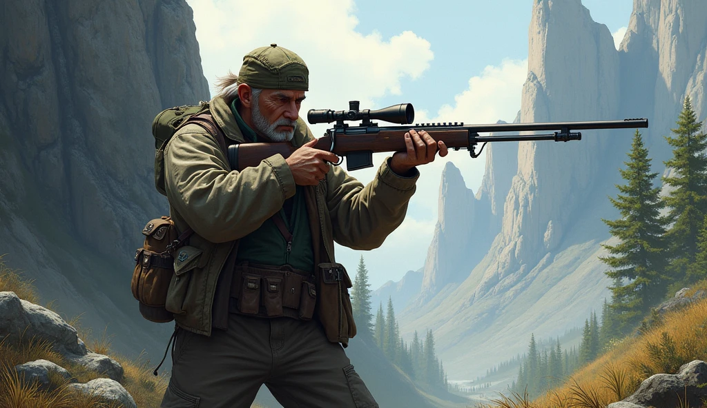 The hunter holds a rifle.