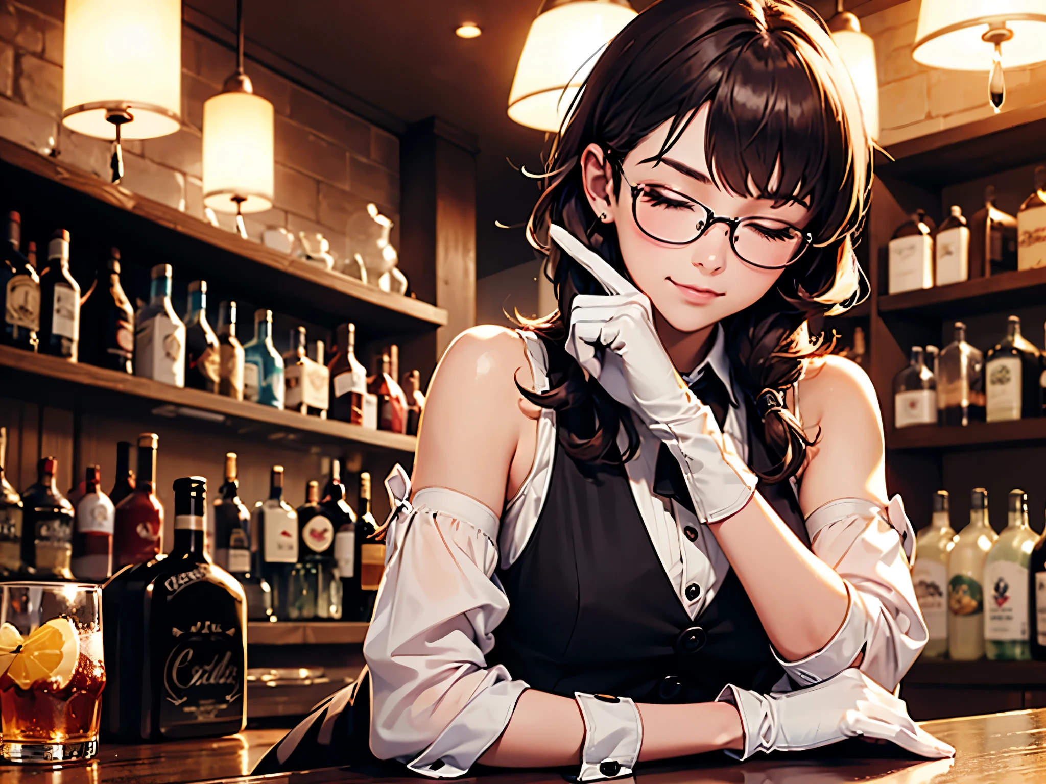 Mature female bartender in an elegant suit behind the bar, Serve drinks, Neutral expression, alcohol BOTTLE, Whisky Future Fantasy Anime,Glasses、