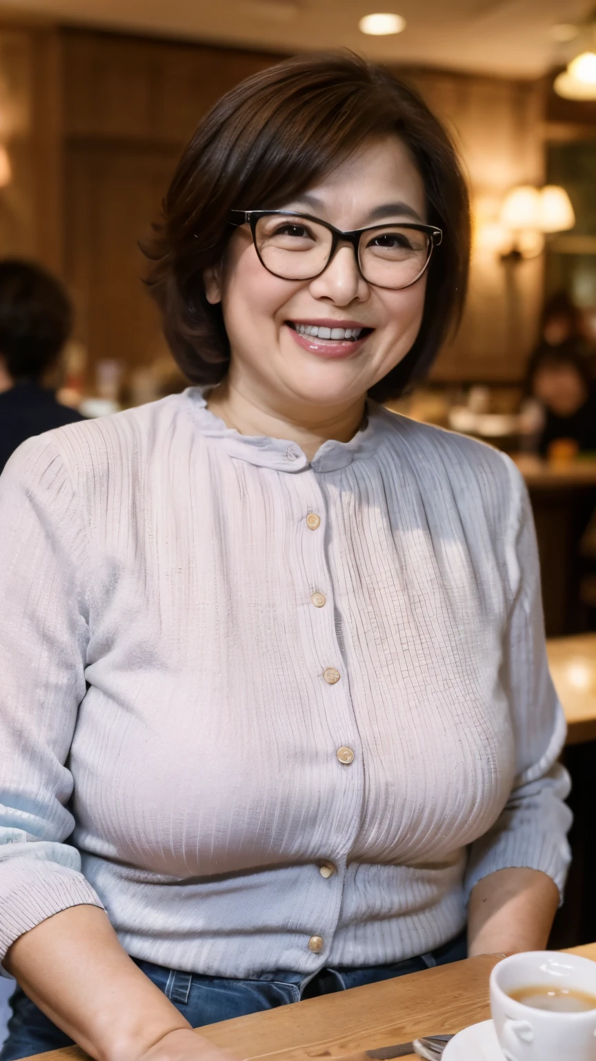 8k wallpaper, masterpiece, Highest quality, Very detailed, One Mature Woman, 50 years old, Become very clear, Wearing a short-sleeved knit, Skin dents, Captivating smile, Looking at the audience, No lapel microphone, Plump, Curvaceous, Attractive face, Smiling with teeth showing, I was happy, sitting in a cafe, Background Blur