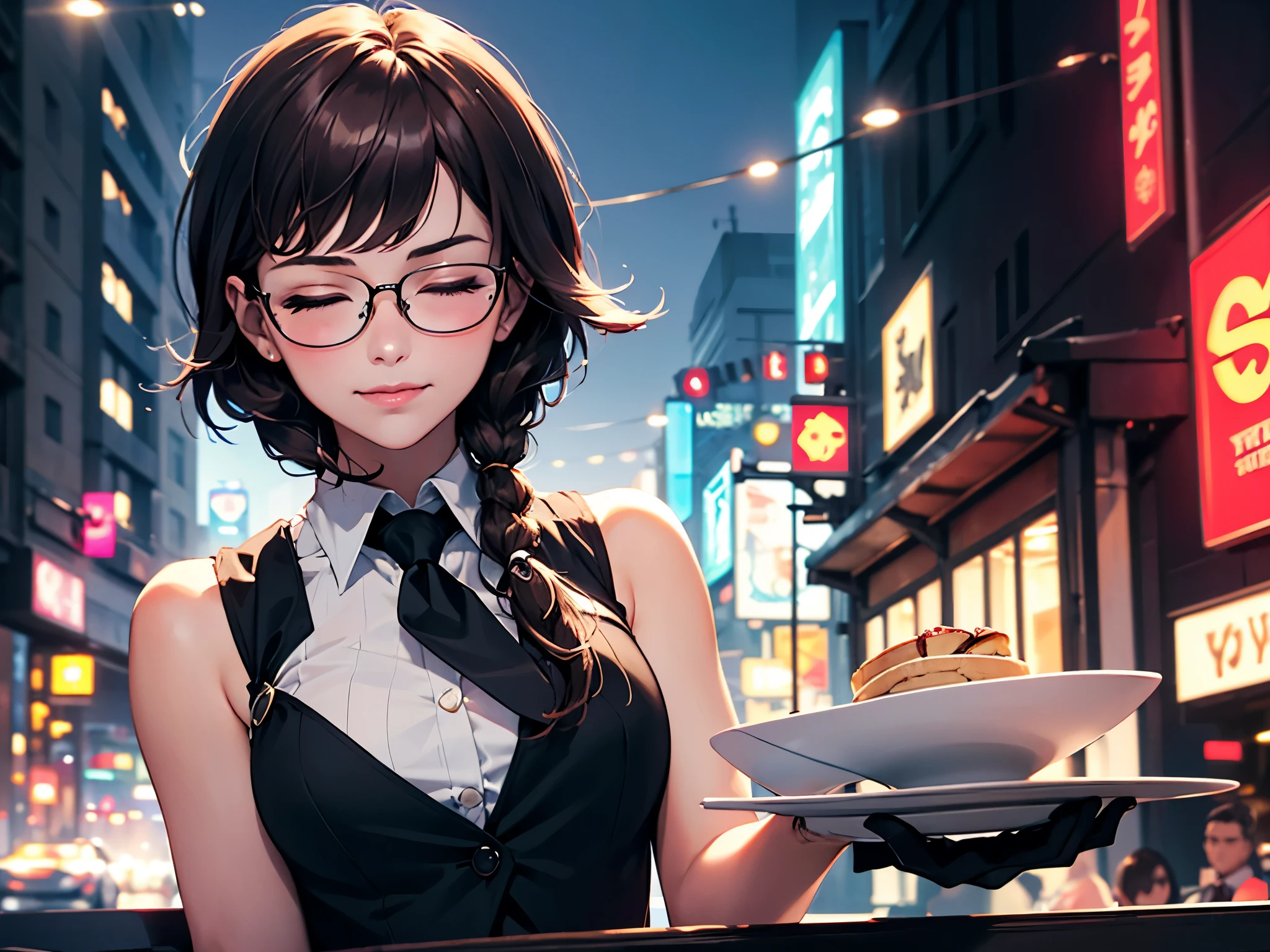 1girl, FELute, eyes closed, adjusting glove, masterpiece, highest quality, (solo focus), (perfect face:1.1), (high detail:1.1), 1girl, brown hair, glasses, coy smile, ((waiter's clothes)), black vest, white blouse, black tie, white gloves, locket, detailed background, neon cityscape, cyberpunk, cinematic lighting
