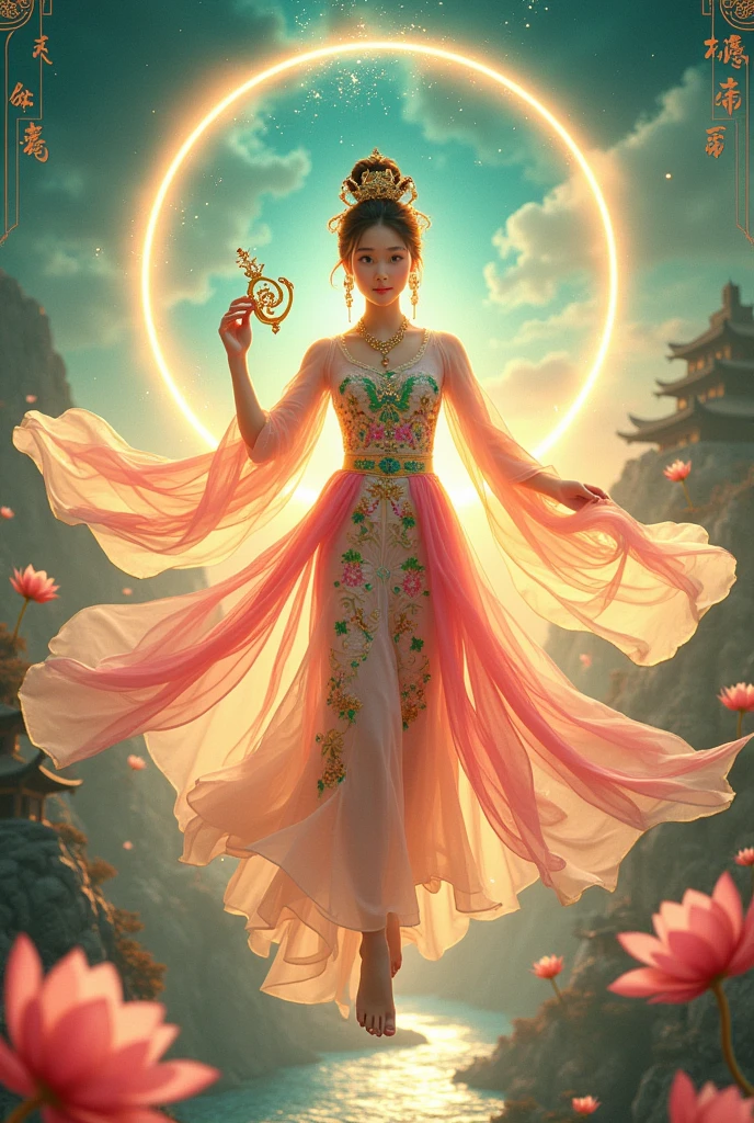 movie promotion poster , full-body shot , A Chinese girl transformed into a Dunhuang flying star wearing embroidered shoes , It combines the flying Apsara elements from Dunhuang murals and is made of radiant silk , The dress is decorated with complex and gorgeous lotus , cloud patterns and curly grass patterns , ribbon , dance , Hang in the air , and the colors are gold , pink and emerald green , Main tone , with rainbow gradient color trim , Holding a small and exquisite harp , the instrument is inlaid with precious stones , and the light shines slightly; it can be accompanied by a halo behind it , creating a fairyland-like Dunhuang desert oasis , with the Crescent Moon Spring looming below , surrounded by grottoes and pagodas of various shapes , and the sky in the background It is a fant