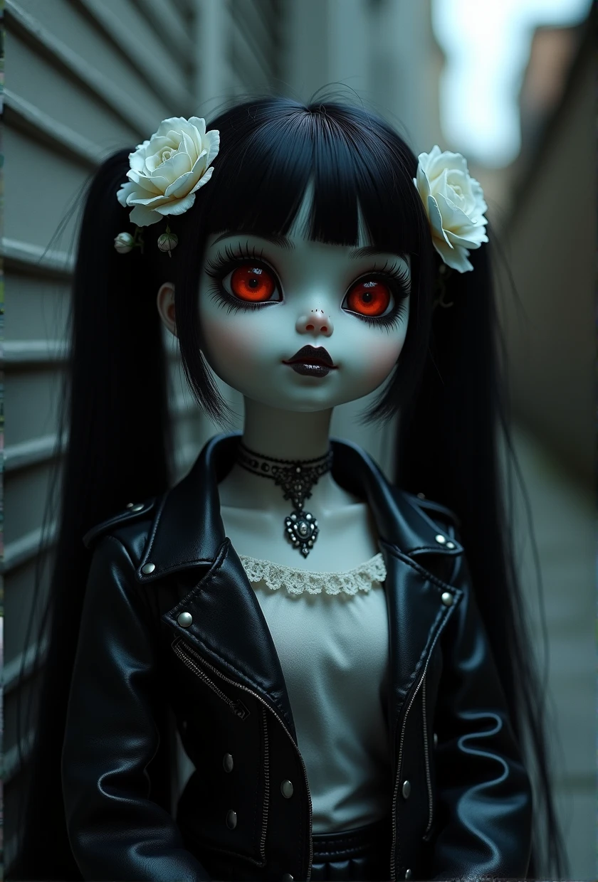 1porcelain doll, low long twintails with white rose, black hair, detailed face, ((lifeless)), plain white skin, plain red eyes, long eyelashes, (gaze down), black eye liner, white face makeup, gray lipstick, black leather jacket, detailed jacket, white blouse, choker, (white ornate), (dark horror theme), cold lighting, white lighting, (dust), (tilt head), (sitting in dark alley), porcelain doll, (masterpiece:1.2), super detailed, best quality