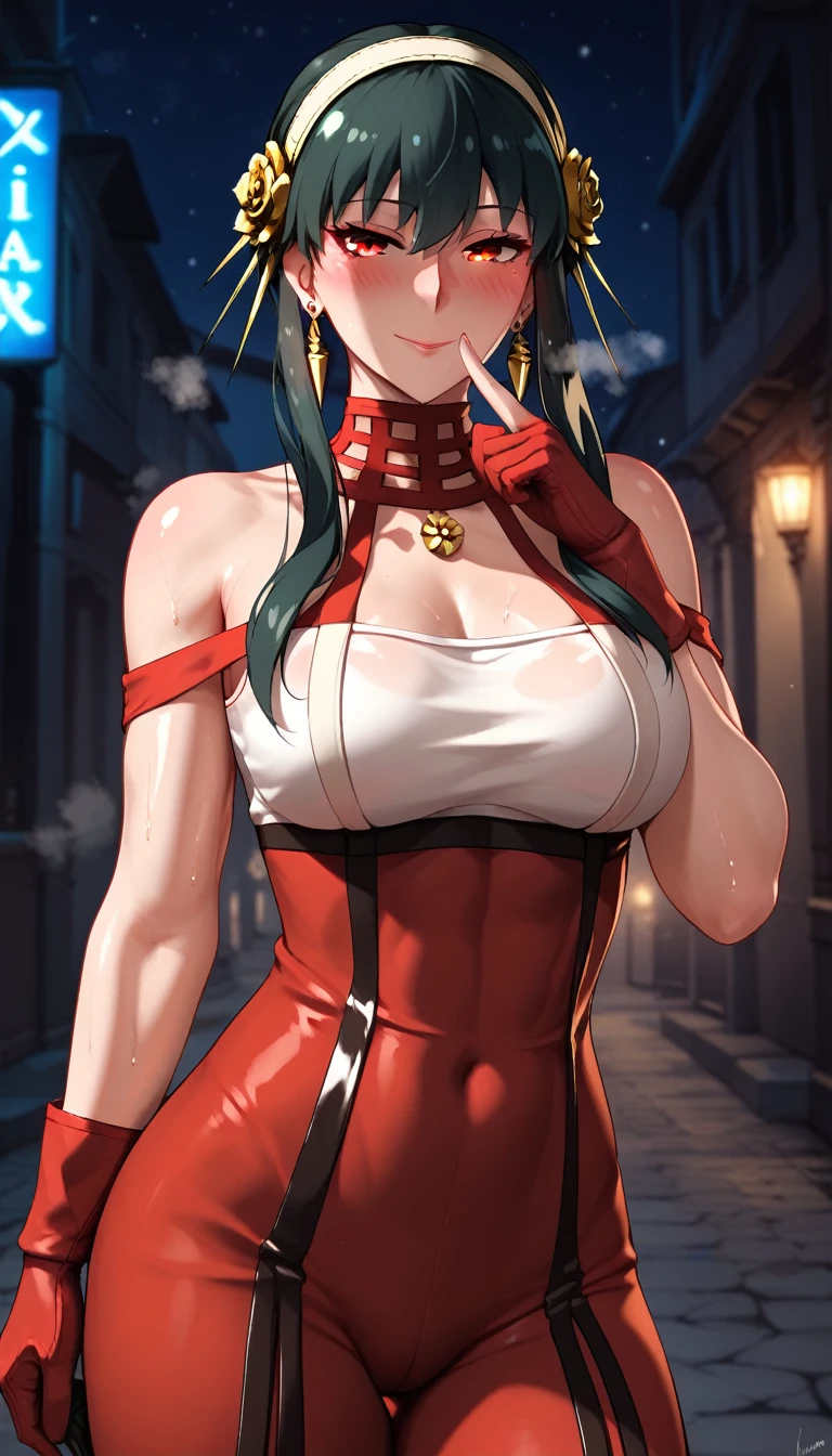 score_9, score_8_up, score_7_up, score_6_up, uncensored, Yor Briar, black hair, earrings, white hairband, hairband, long hair, sidelocks, red eyes, naughty face, shiny skin, sweating, steaming body, heavy breathing, BREAK (masterpiece:1.2), best quality, high resolution, unity 8k wallpaper, (illustration:0.8), (detailed eyes:1.3), extremely detailed face, perfect lighting, extremely detailed CG, (perfect hands, perfect anatomy), porn, 3d, white tank top, red (samurai armor), red gloves, pants, (getting undressed), night city, neon lights, dim lighting, dark alley,