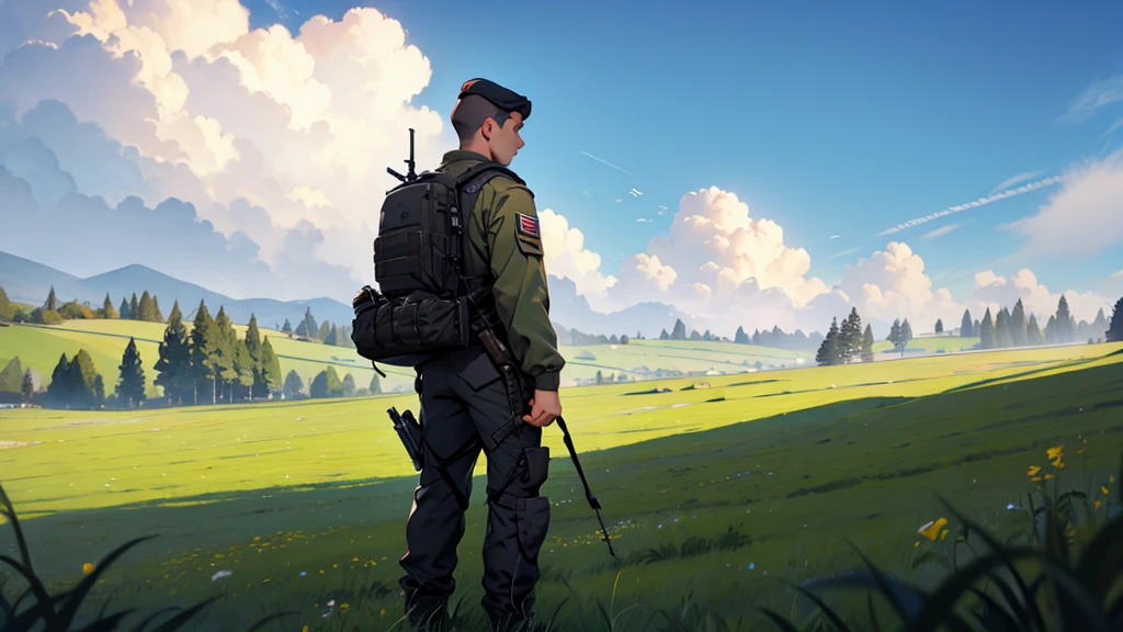 solo man wearing full military gear in a grassy farmland