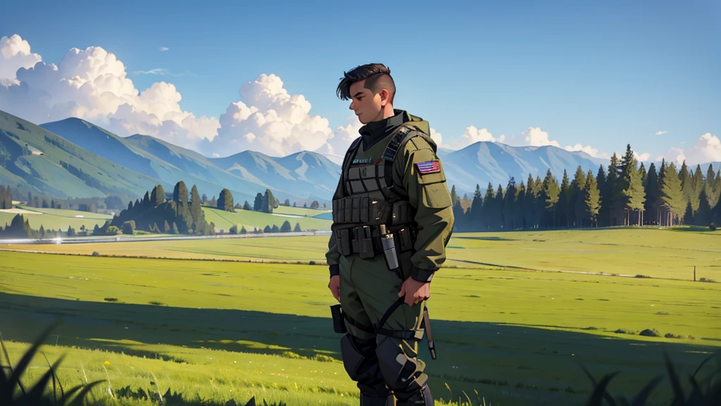 solo man wearing full military gear in a grassy farmland