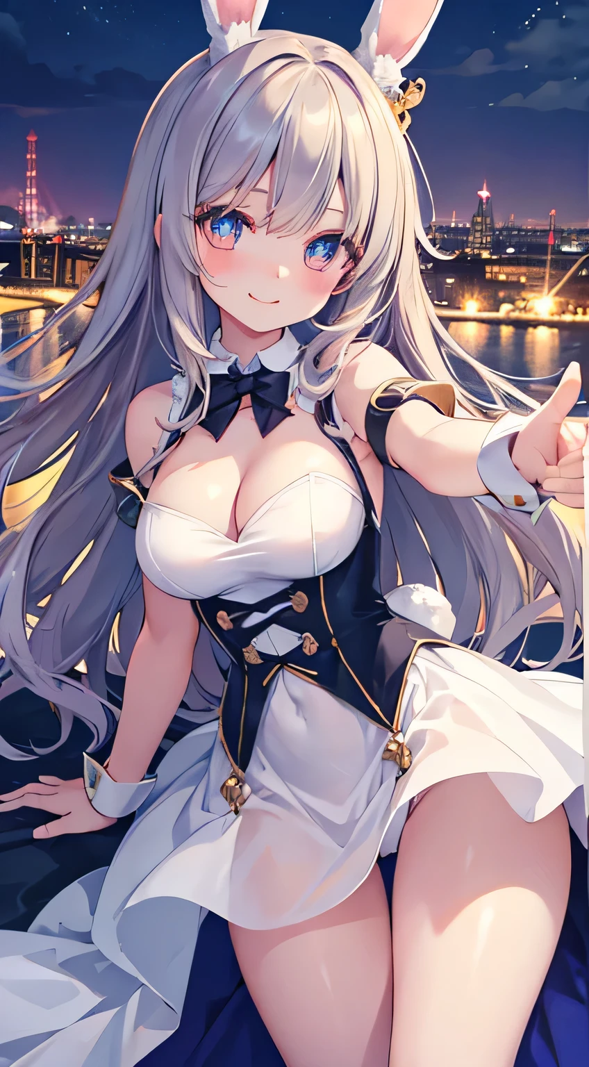 Above the thigh,cute,Bunny girl,Beauty,smile,(master piece,best quality,ultra detailed),Beautiful girl , Beautiful face, Beautiful hair, detailed perfect pupil of eyes ,detailed mouth, Impressive　 Scene, Impressive Composition, Impressive Lighting ,night town

