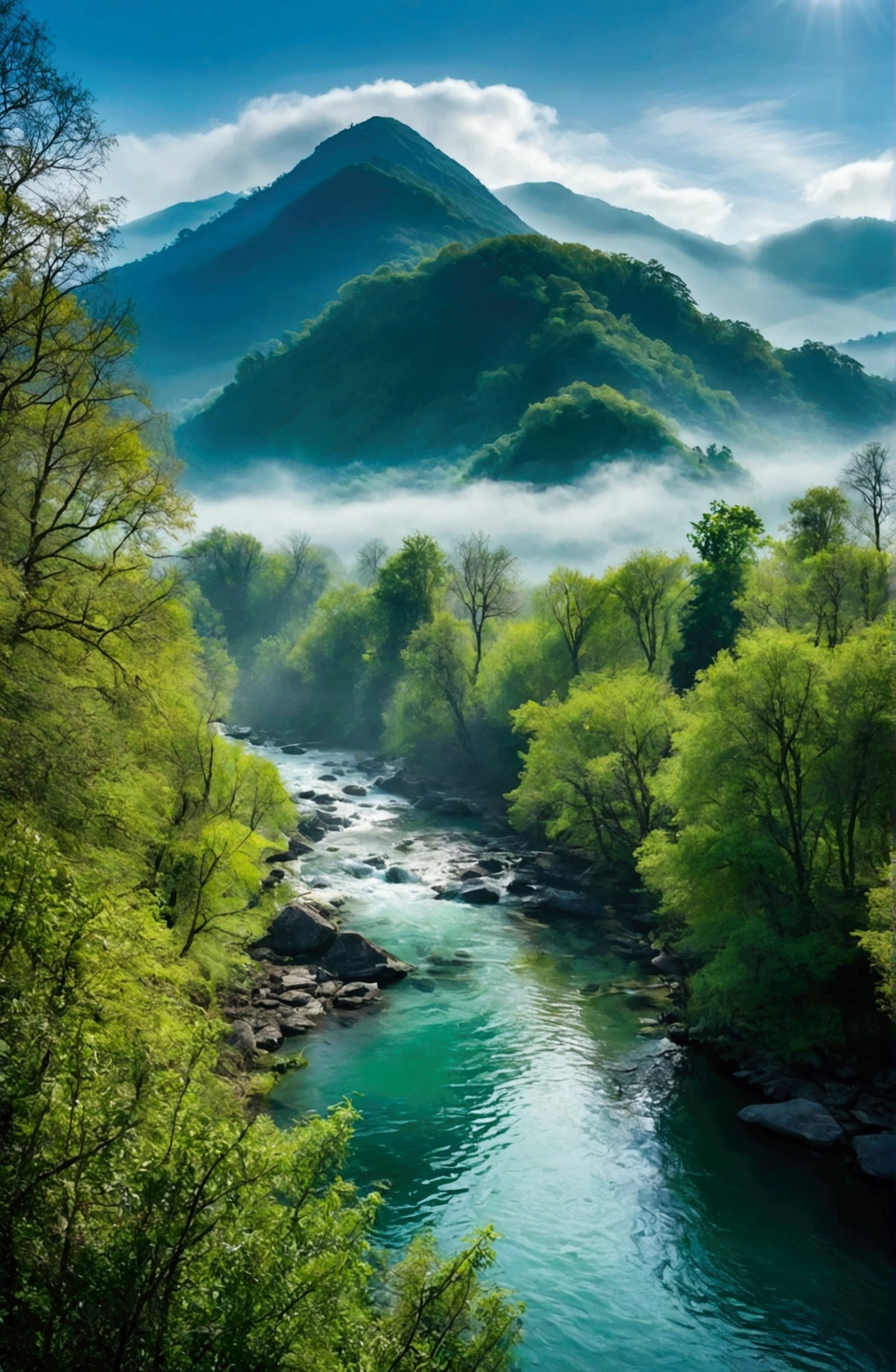 Morning Sunshine，Emerald green tones，Stream water is clear and transparent，The trees are also green，The whole picture is surrounded by clouds and mist，There are several bare rock mountains behind,Clouds and mist，A bird flies across the screen.
