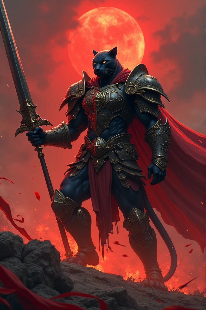 A black panther in knights armour with a huge sword in battle Field with red sky