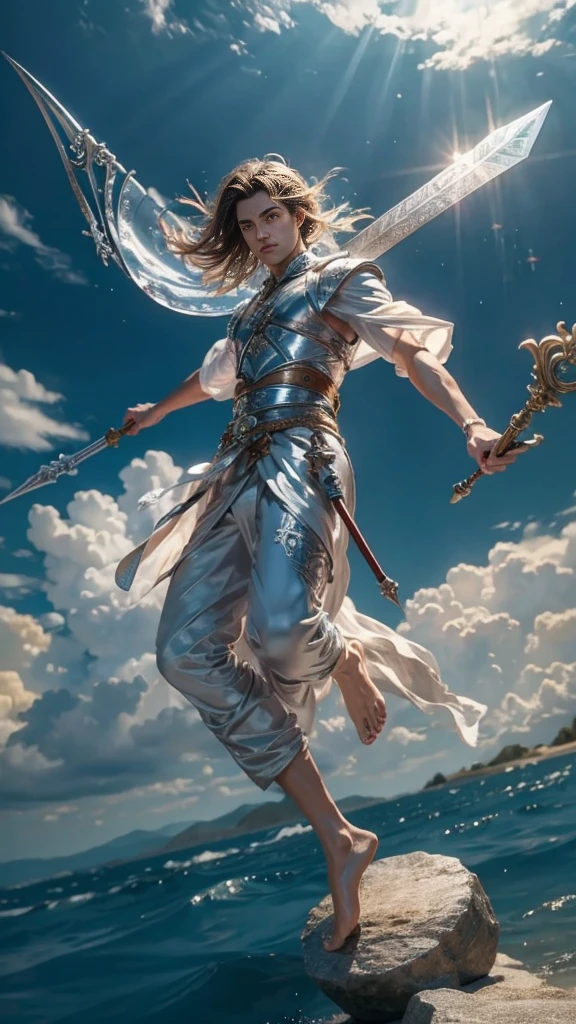 In his left hand he holds a silver spear,barefoot，Clouds are floating