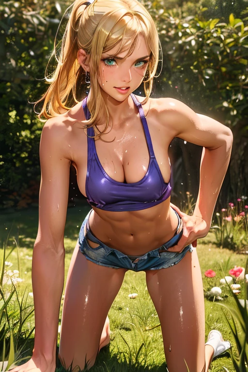 Best Picture, Masterpiece, 4K, High Quality, One Adult
Woman. The woman has blonde hair. Hair style, straight,
. Long slit eyes, green eyes,
Model like beauty, perfect proportions. Perfect legs. Perfect arms. Tank top, navel-baring look,
(A woman stands in the grass in the forest.
She has a blush on her cheeks and a mischievous smile on her face.
In a grassy meadow, a woman is on all fours. A large dog is holding her from behind. Silk underwear. A complete body. Perfect hands and legs. Beautiful body, beautiful legs. Beautiful hands. Perfect body, perfect legs. Perfect hands. Front focus. Cowboy shot.
Woman's sweaty, wet, scantily clad, visible breasts and erect nipples. Sweat is soaking through.
The woman's cheeks are flushed, her brow is furrowed, and she looks as if she is about to cry. She is wearing a tight tank top and low-rise hot pants.
Hairstyle, pixie cut, upper body tight tank top, low rise hot pants. Cowboy shot. Breasts are large, full, nipples erect, tank top wet with sweat, looking dirty.
