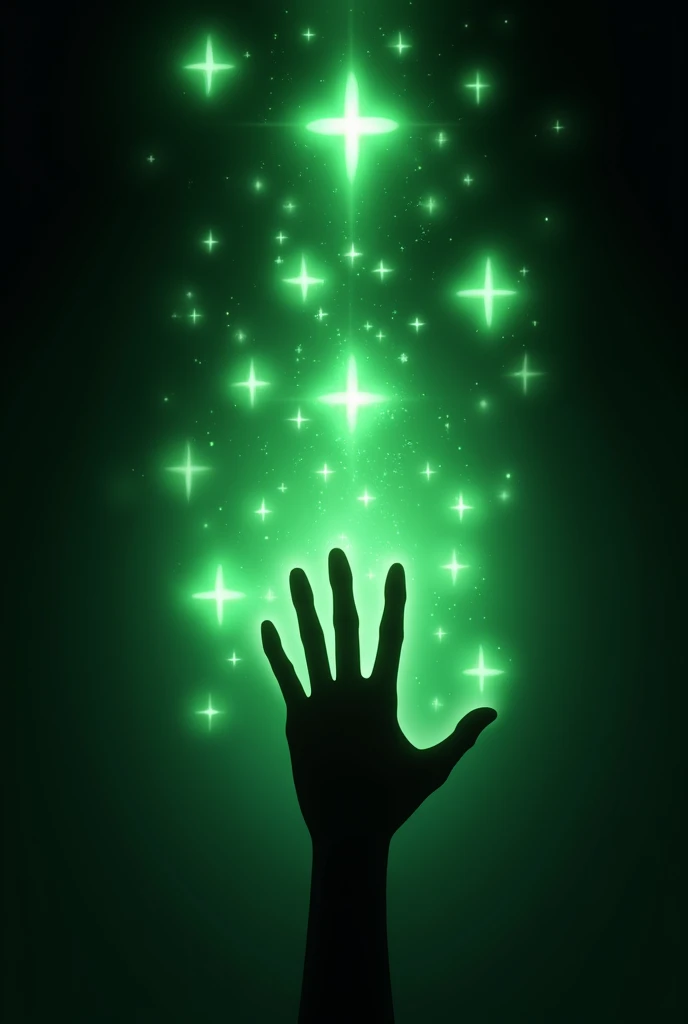 ((Best Quality)), ((masterpiece)), (detailed), a healing aura in anime style, with plus symbols +, all green color, with the black silhouette of a hand in the center. With a black background,