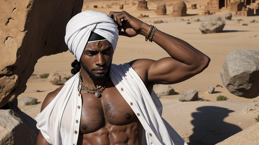 A black slave wearing a white turban is having a large stone hit on his chest, the setting is in Arabia