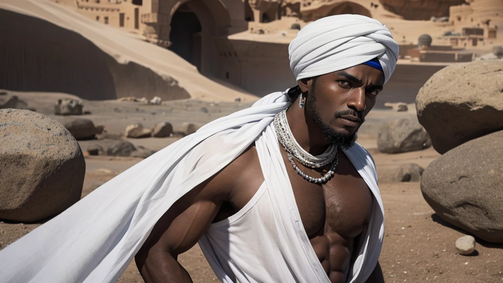 A black slave wearing a white turban is having a large stone hit on his chest, the setting is in Arabia