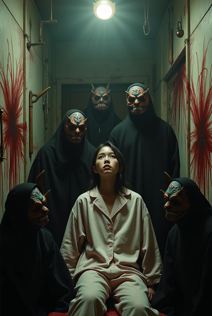 Hay una mujer parada frente a un grupo de personas con cabezas que parecen espeluznantes., still from a live action movie, juego de calamar, Alien Girl Movie Frame., scene from a live action movie, 8K movie frame, por Liam Wong, covered with tentacles, movie frame, cardboard cutout of tentacles, iu lee ji-eun como supervillano