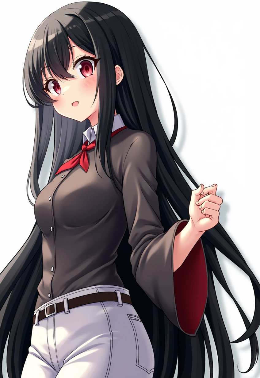 high school girl、Large Breasts、Deep valley、Valley appeal、Leaning forward、Grin、black hair、red eye