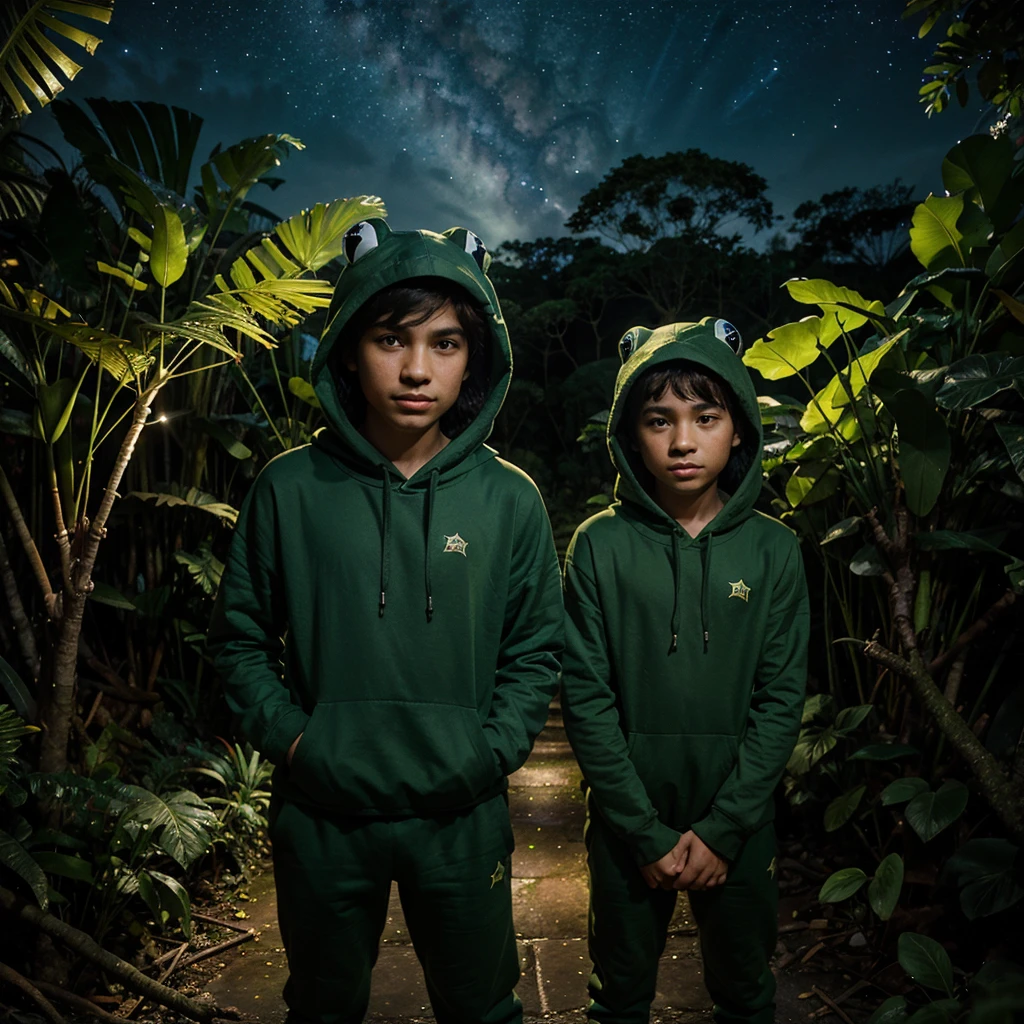 Boy in frog hoodie stand in the rainforest at night with star sky