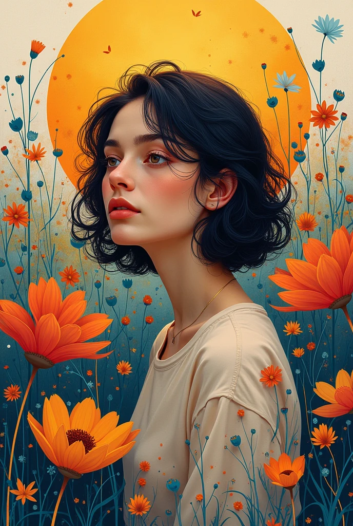 A person surrounded by colorful flowers or paint splatters, with a thoughtful expression
, Illustration drawing stoicism