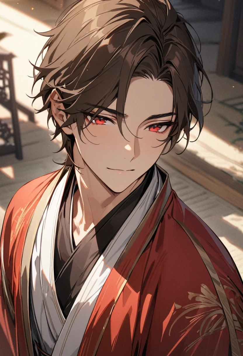 ((best quality)), ((Masterpiece)), (details), young man, dark brown hair, red eyes , handsome face, very handsome, Beautiful skin , Hanfu, ancient chinese dress , serene