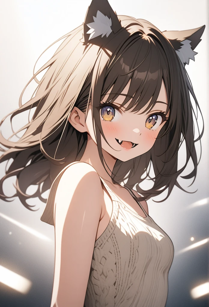 ((masterpiece)), ((Highest quality)), (anime:1.3), (High resolution:1.3), (Professional photography:1.4), Portrait Shot, 8k, Glowing Skin, Cinema Lighting, One girl, Wide Shot, (Knitted fabric tank top), (Cute innocent age girl), Slender body, Small breasts, shiny medium hair, (Loose bangs), ((:3)), Open your mouth, Bare your fangs, (A very mischievous smile), Beautiful clavicle, (slightly exposed shoulders), (Put on wolf ears), Light brown hair, break, ((Highest quality)),