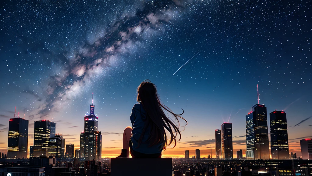 octans, sky, star (sky), scenery, starry sky, night, 1girl, night sky, solo, outdoors, building, cloud, milky way, sitting, tree, long hair, city, silhouette, cityscape,City from a distance, tokyo, city billboard, 1 milky way in the sky,
