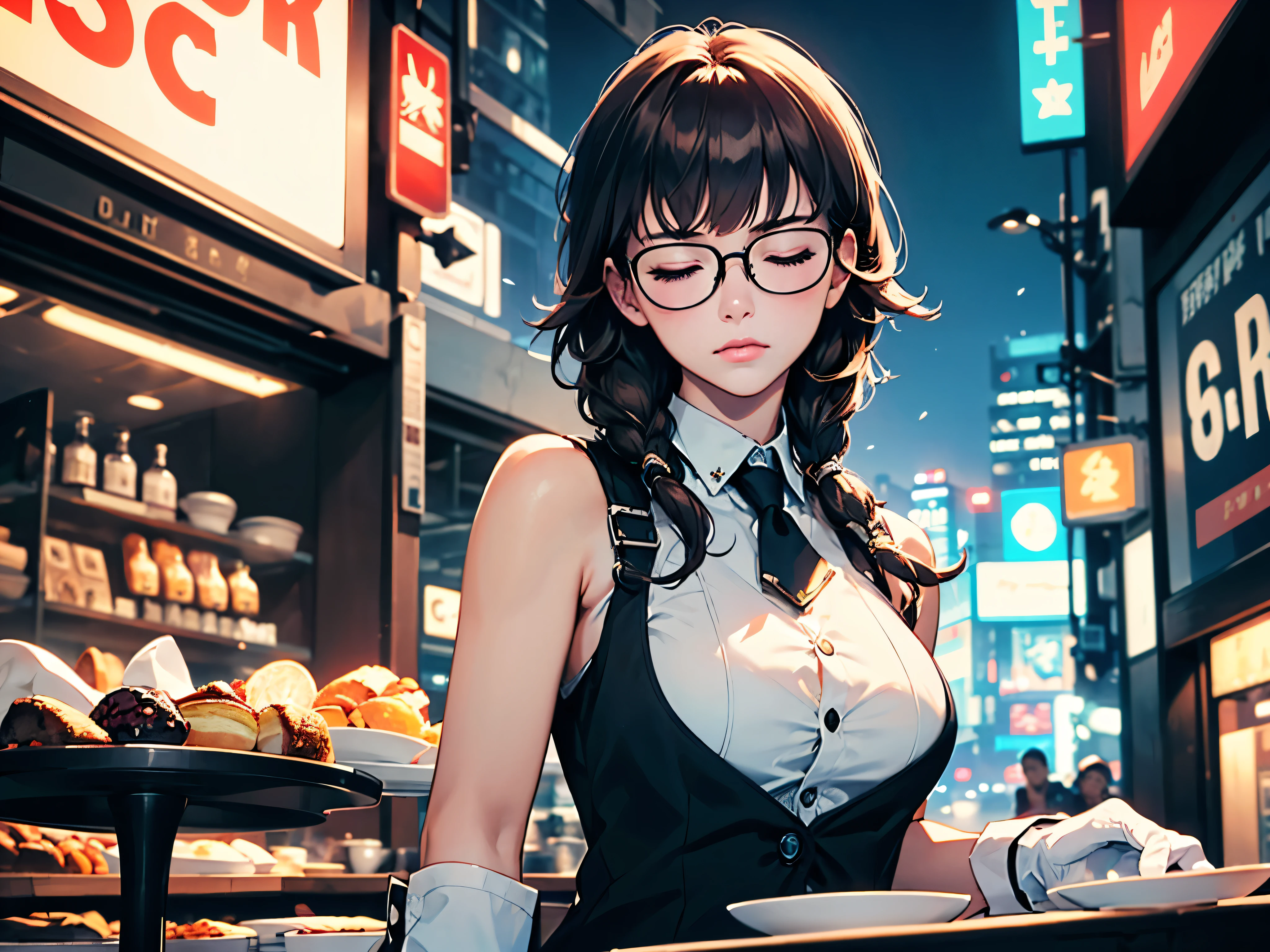 1girl, FELute, eyes closed, adjusting glove, masterpiece, highest quality, (solo focus), (perfect face:1.1), (high detail:1.1), 1girl, brown hair, glasses, ((waiter's clothes)), black vest, white blouse, black tie, white gloves, locket, detailed background, neon cityscape, cyberpunk, cinematic lighting
