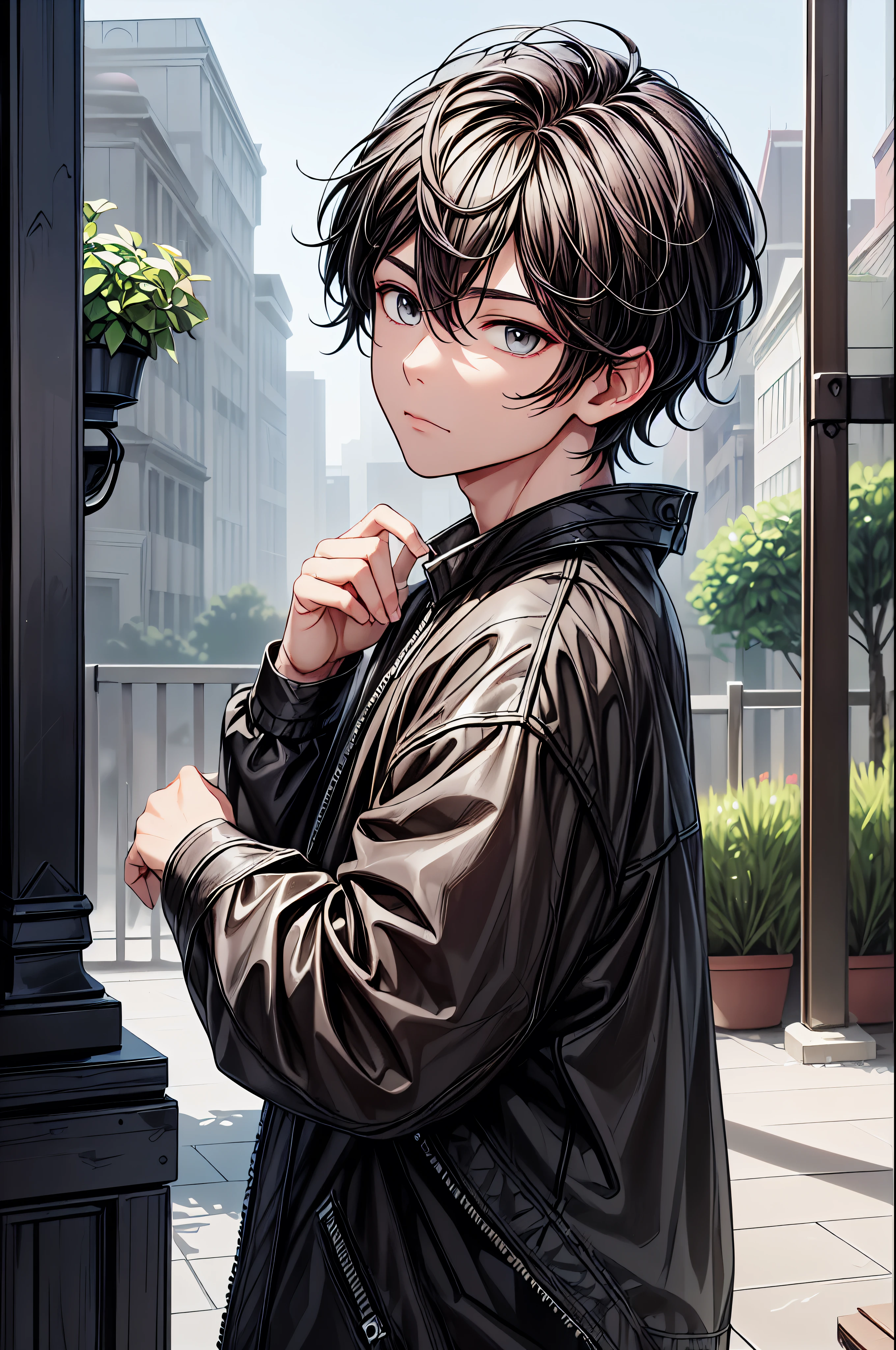 ((Best Quality)), ((Masterpiece)), ((drawing)), (detailed), 1 boy short dark hair, with serene gray eyes that reflect his inner tranquility. Their clothes are usually casual and comfortable., with natural elements such as leather and resistant fabric.